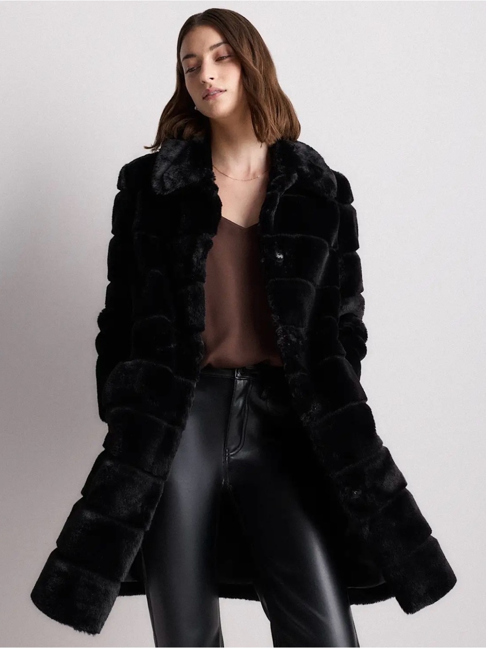 Quince Black Faux Fur Long Coat